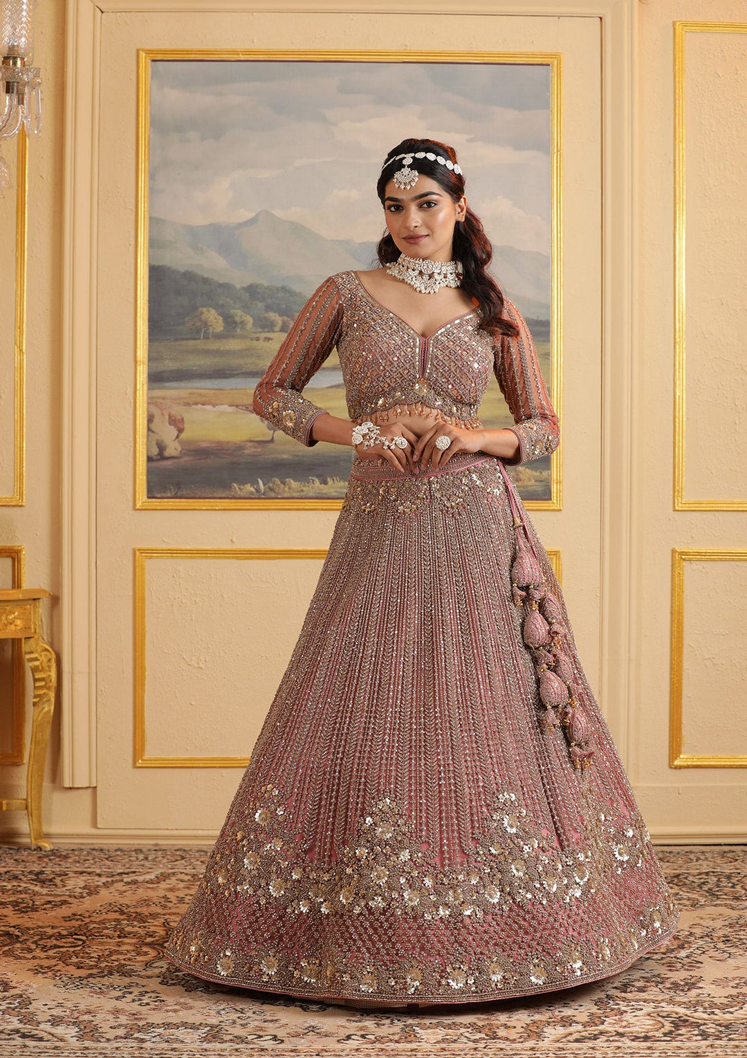 Onion Pink Zariwork Net Readymade Lehenga-Koskii