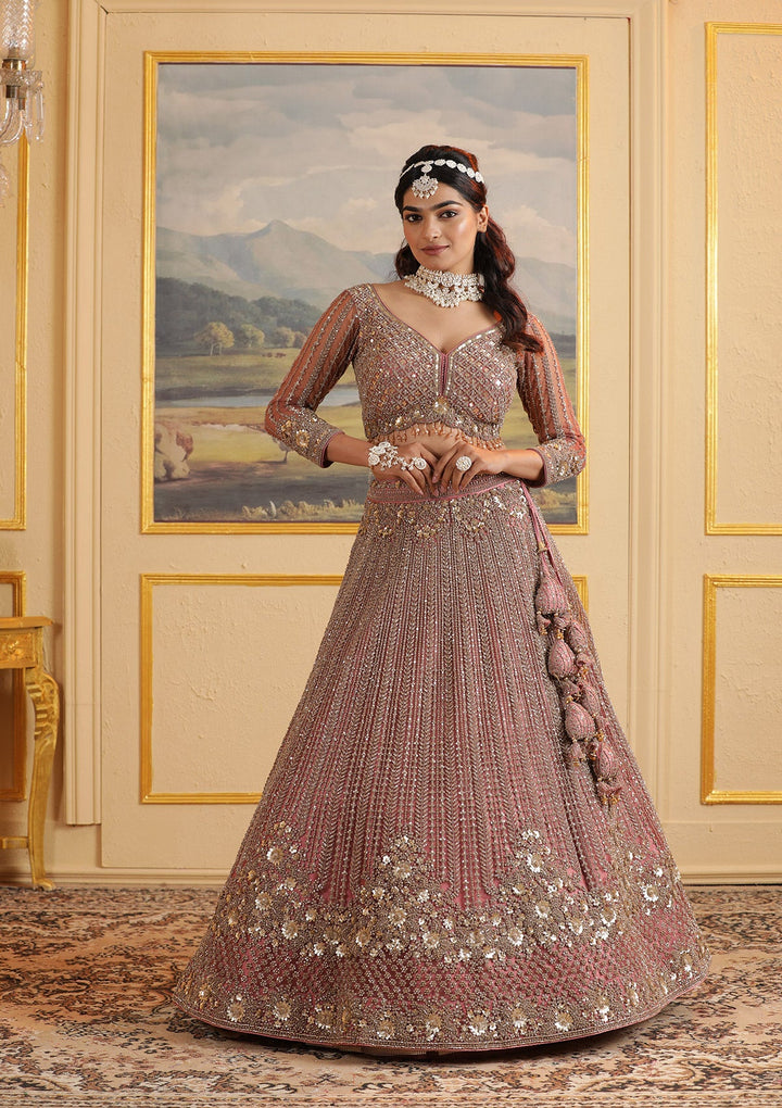 Onion Pink Zariwork Net Readymade Lehenga-Koskii