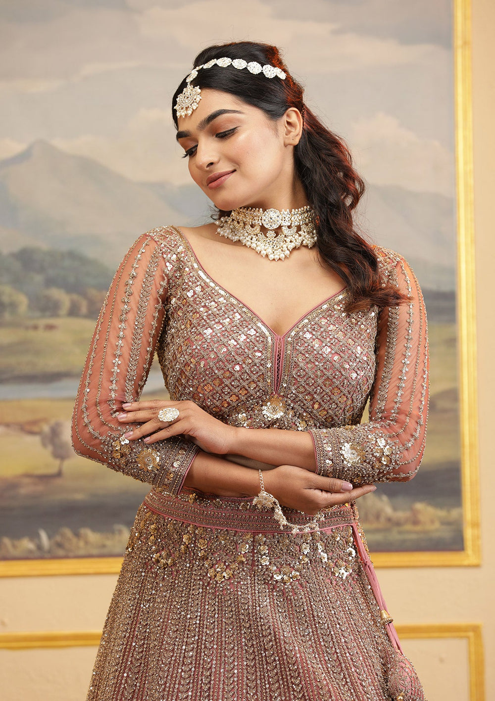 Onion Pink Zariwork Net Readymade Lehenga-Koskii