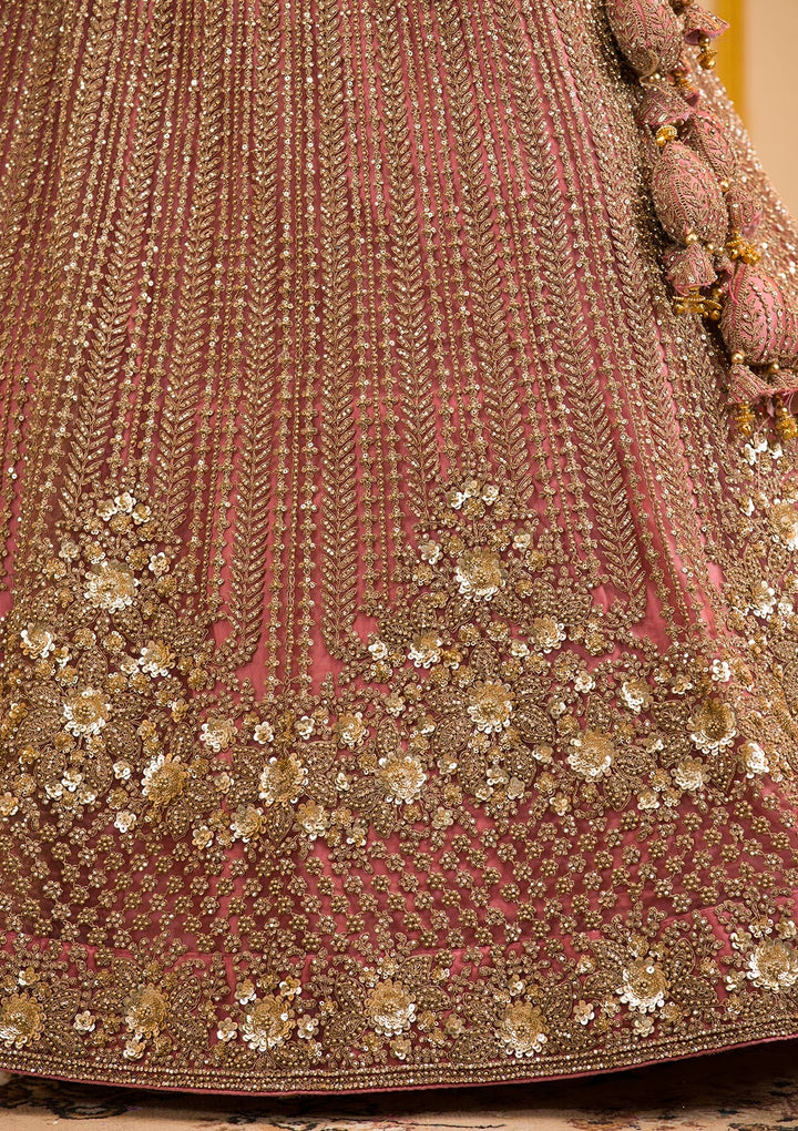 Onion Pink Zariwork Net Readymade Lehenga-Koskii