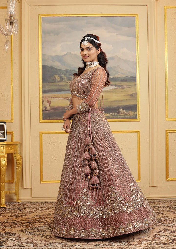 Onion Pink Zariwork Net Readymade Lehenga-Koskii