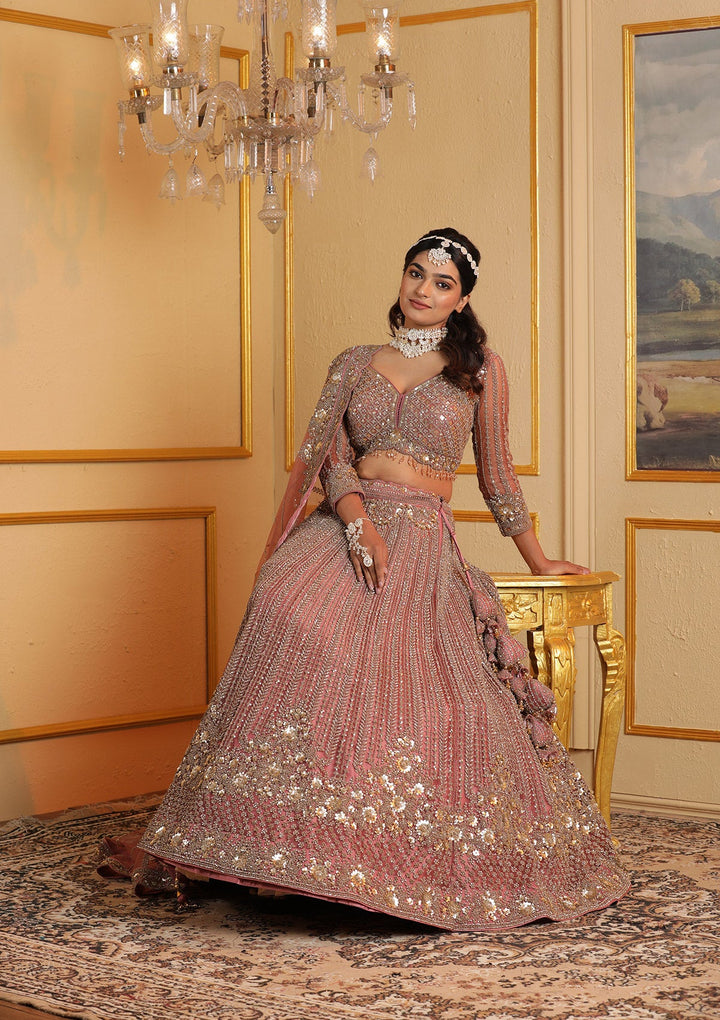 Onion Pink Zariwork Net Readymade Lehenga-Koskii