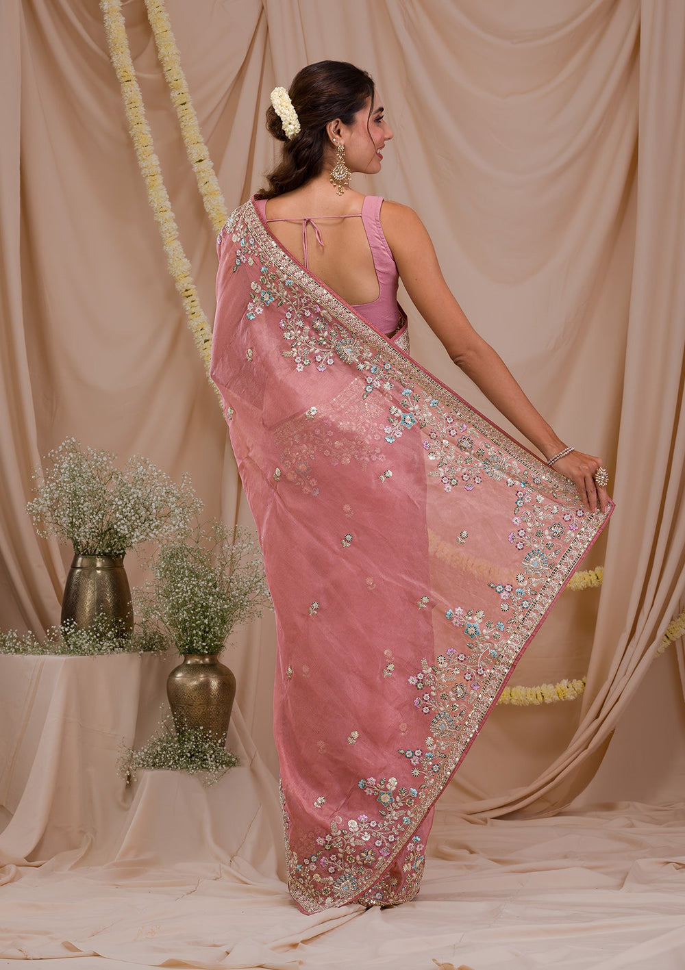 Onion Pink Zariwork Net Saree-Koskii