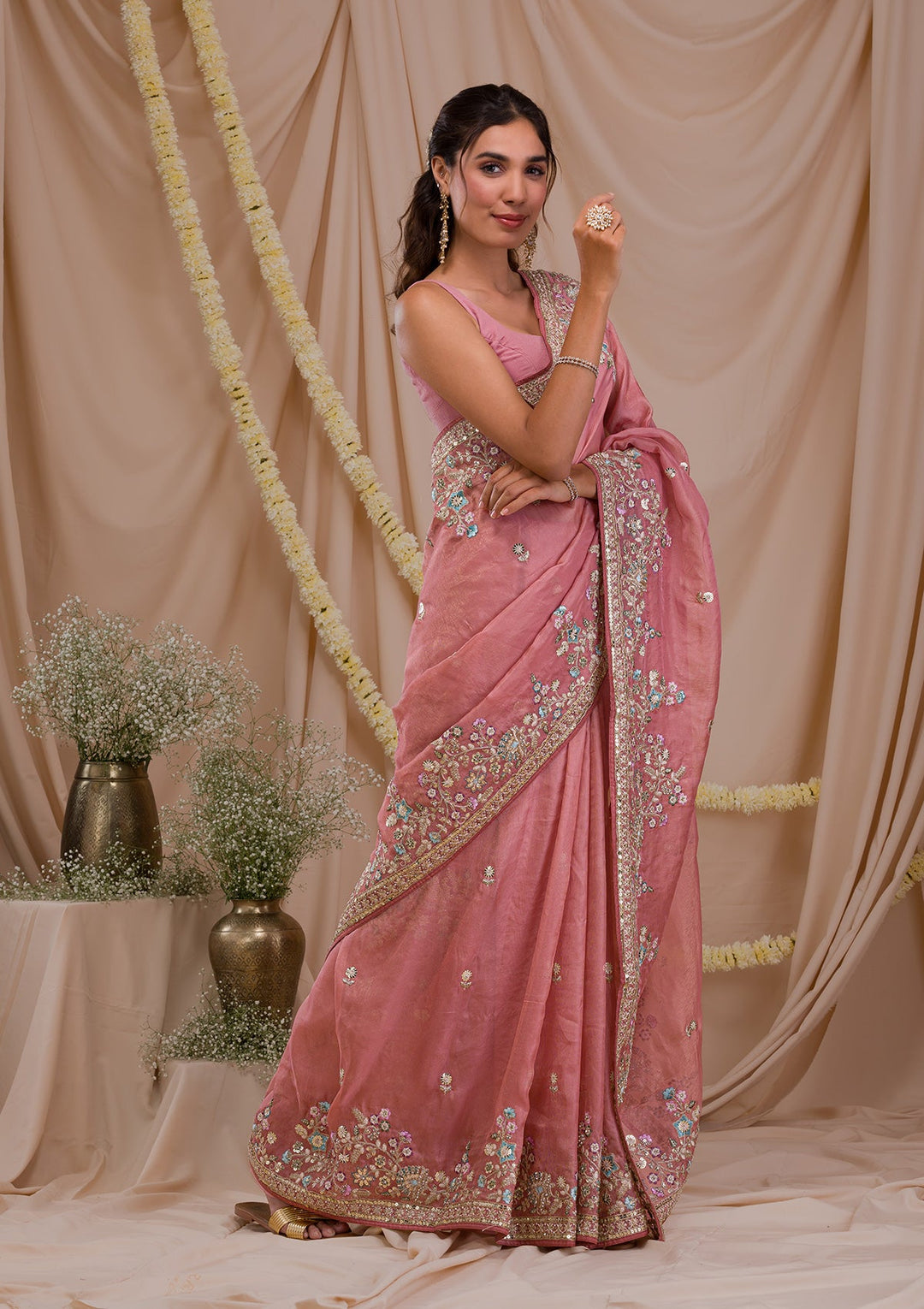 Onion Pink Zariwork Net Saree-Koskii