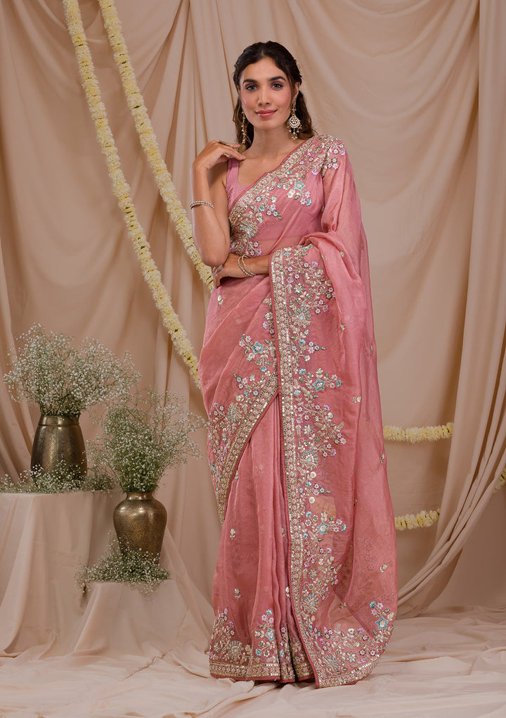 Onion Pink Zariwork Net Saree-Koskii