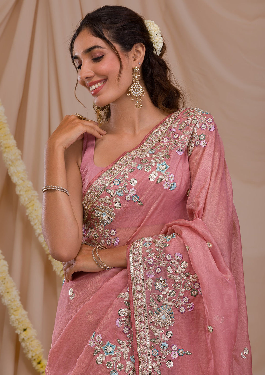 Onion Pink Zariwork Net Saree-Koskii