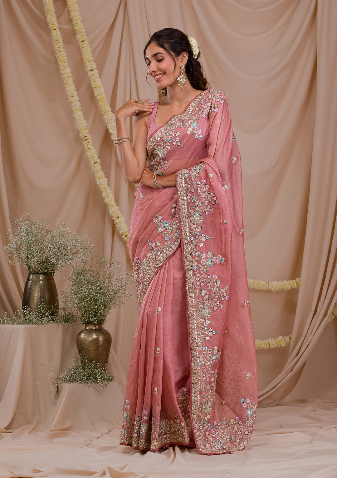 Onion Pink Zariwork Net Saree-Koskii