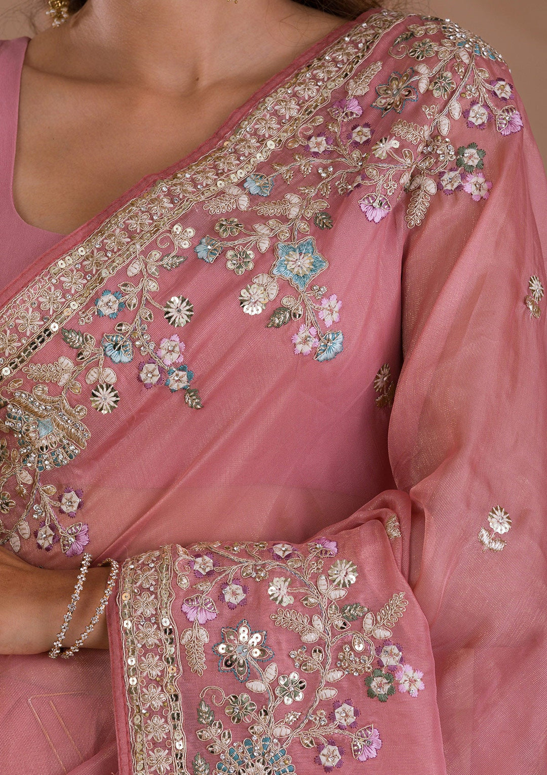 Onion Pink Zariwork Net Saree-Koskii
