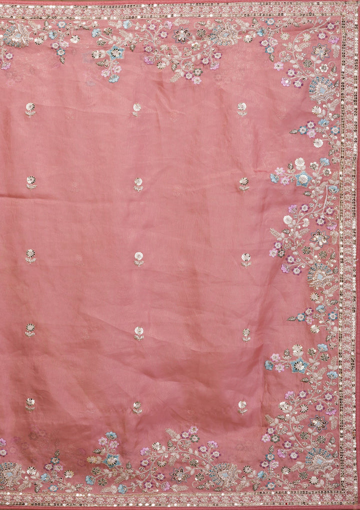 Onion Pink Zariwork Net Saree-Koskii