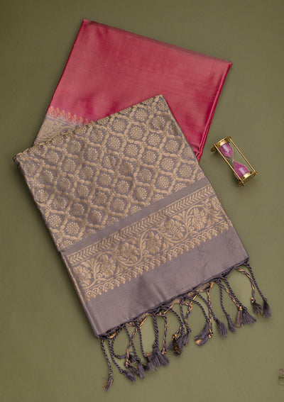 Onion Pink Zariwork Pure Silk Saree-Koskii