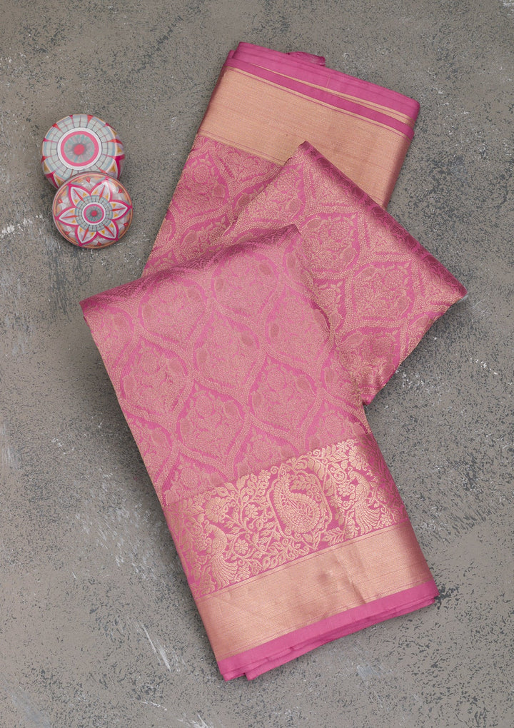 Onion Pink Zariwork Pure Silk Saree-Koskii