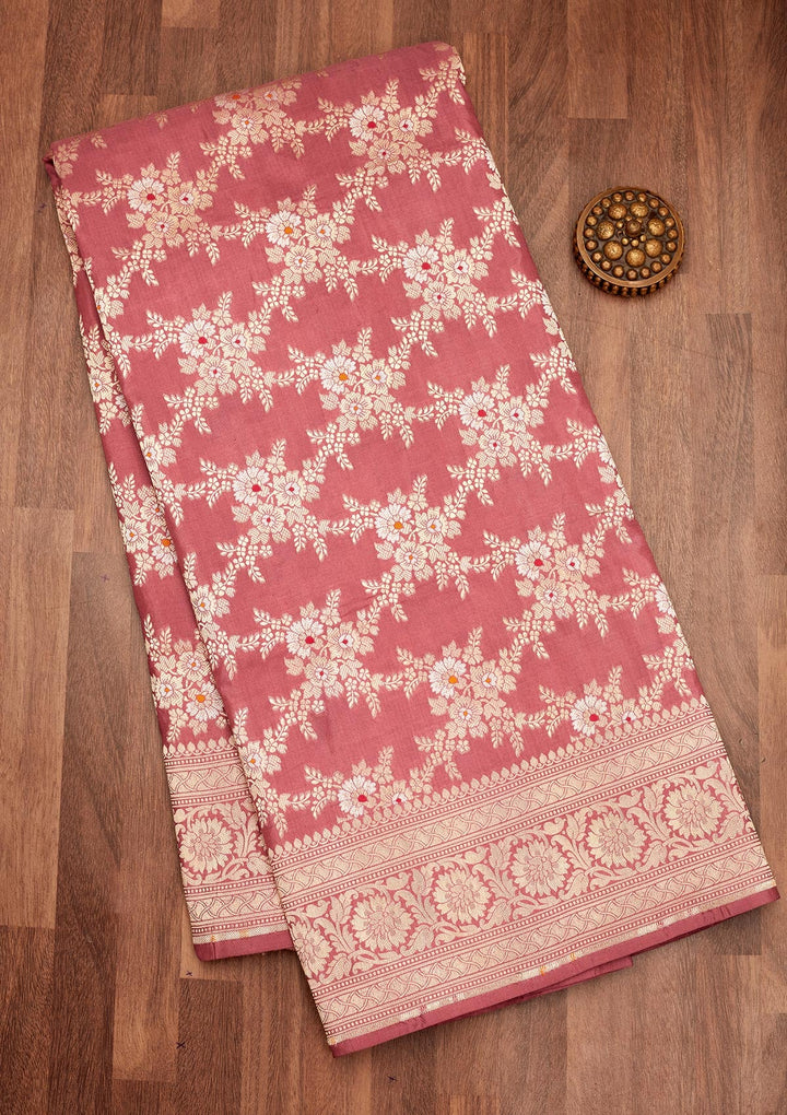 Onion Pink Zariwork Pure Silk Saree-Koskii
