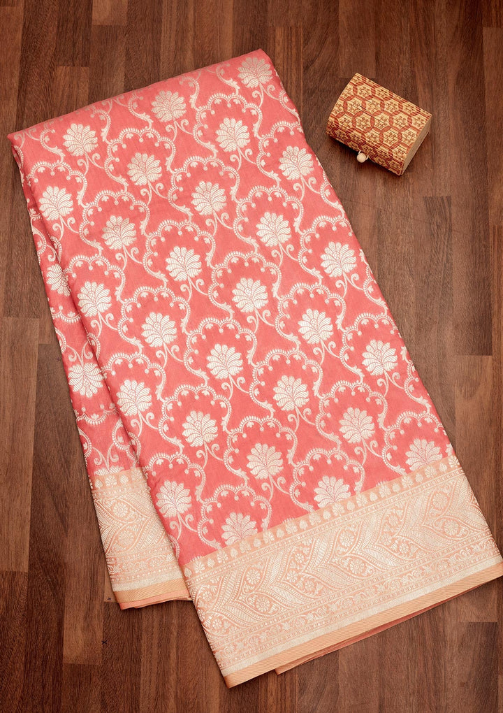 Onion Pink Zariwork Pure Silk Saree-Koskii