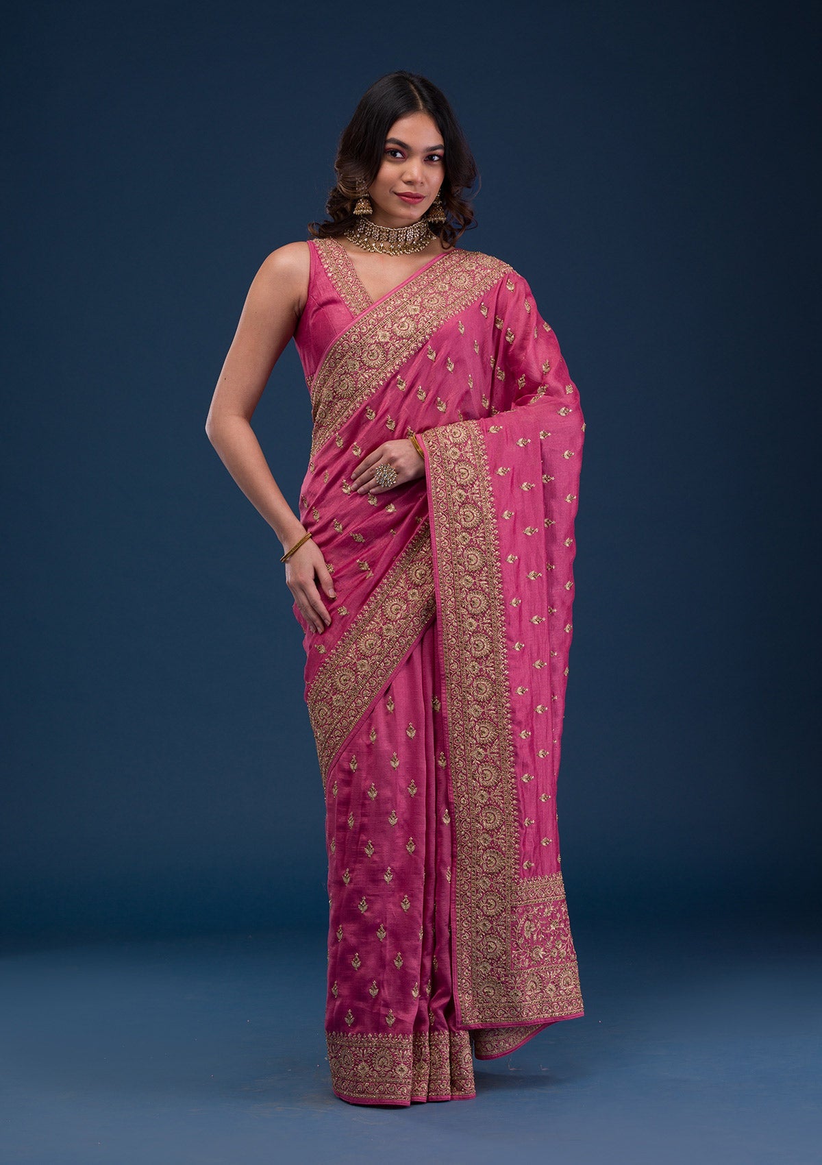 Onion Pink Zariwork Raw Silk Saree-Koskii