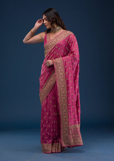 Onion Pink Zariwork Raw Silk Saree-Koskii