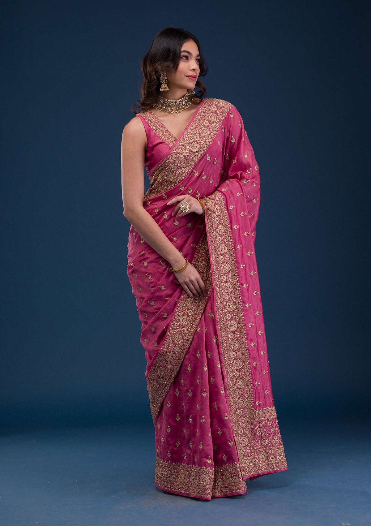 Onion Pink Zariwork Raw Silk Saree-Koskii