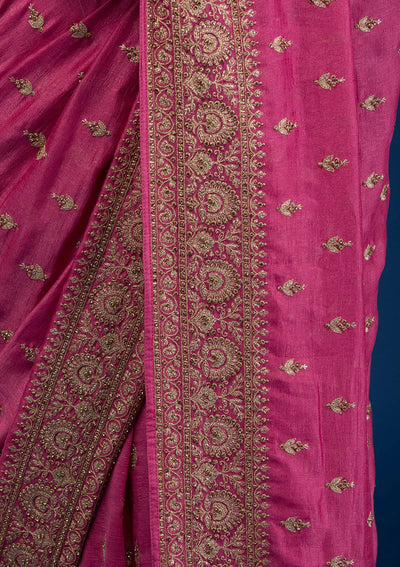 Onion Pink Zariwork Raw Silk Saree-Koskii