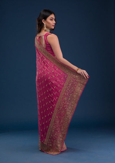 Onion Pink Zariwork Raw Silk Saree-Koskii