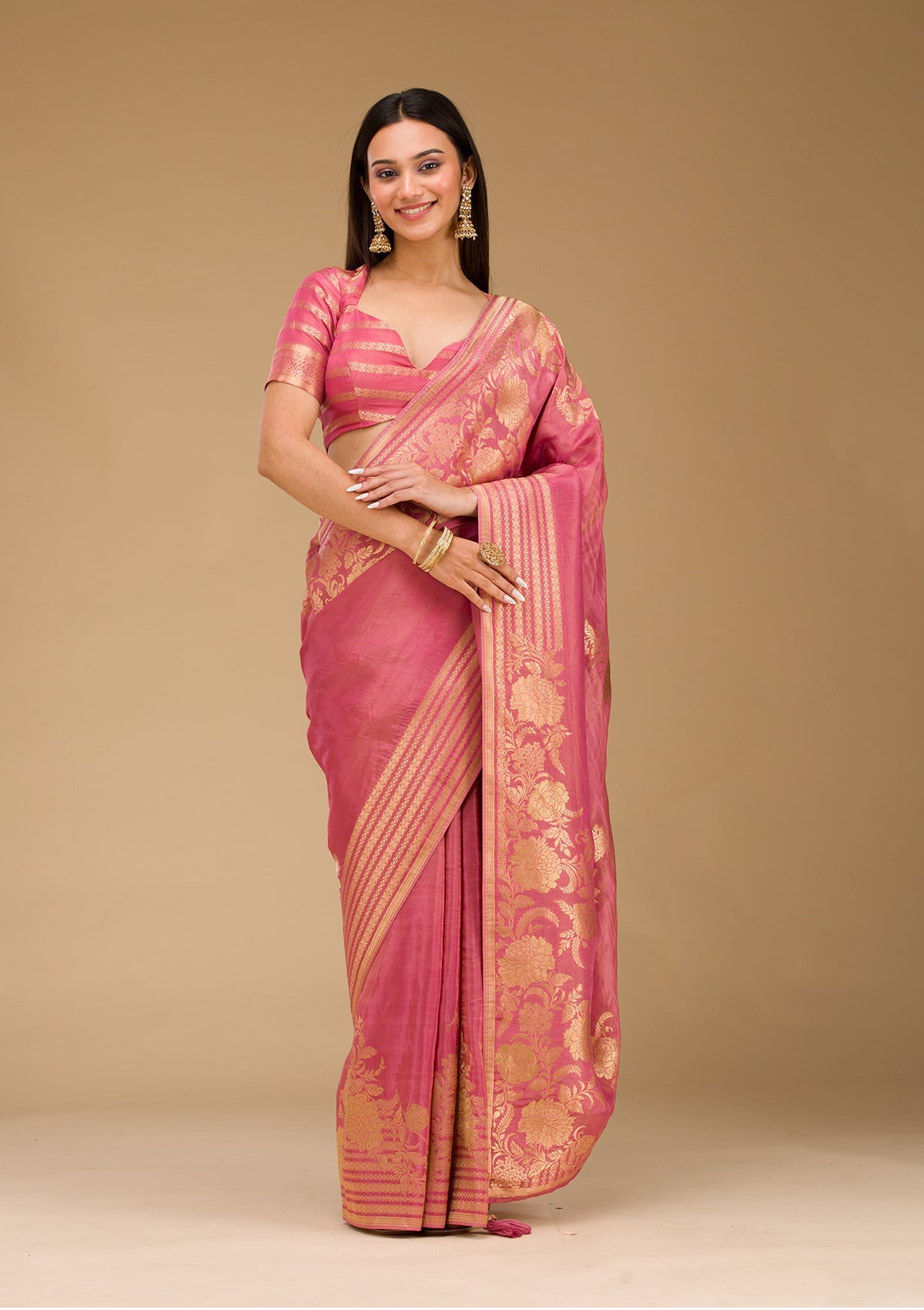 Onion Pink Zariwork Raw Silk Saree