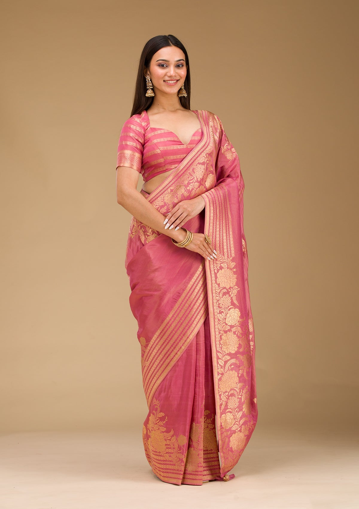 Onion Pink Zariwork Raw Silk Saree