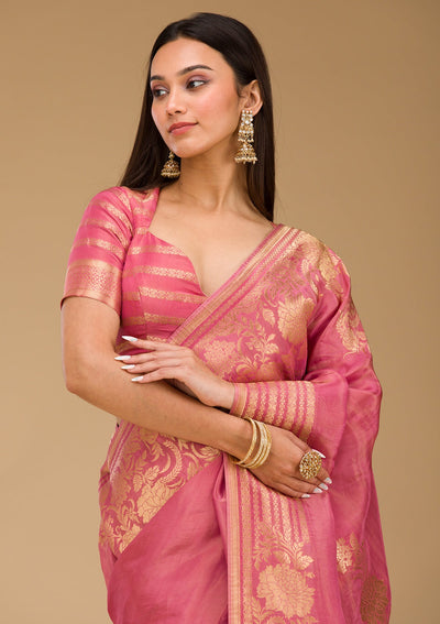 Onion Pink Zariwork Raw Silk Saree