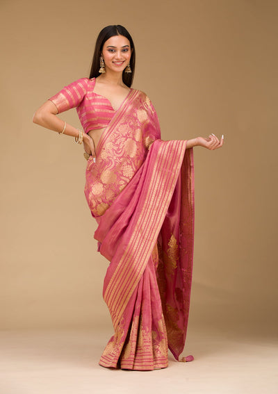 Onion Pink Zariwork Raw Silk Saree-Koskii