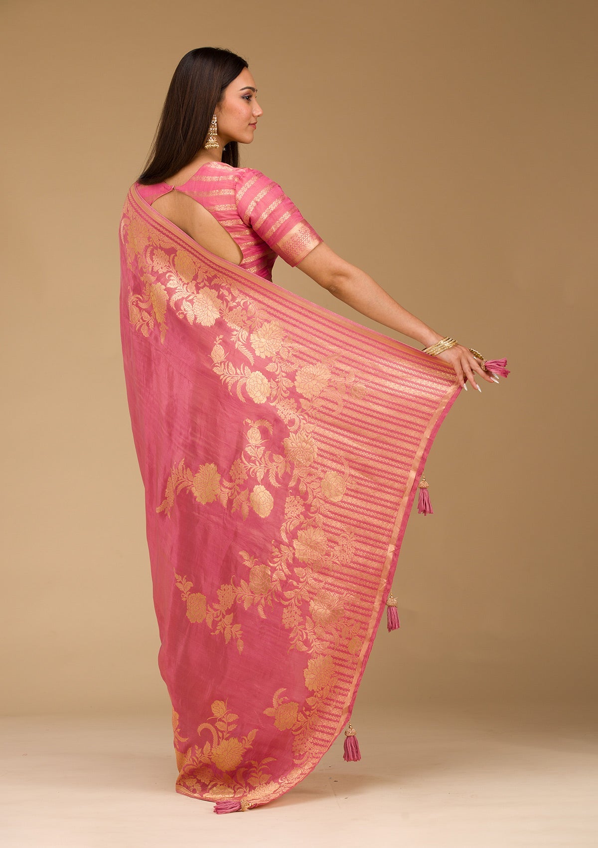 Onion Pink Zariwork Raw Silk Saree