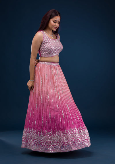 Onion Pink Zariwork Semi Crepe Readymade Lehenga-Koskii