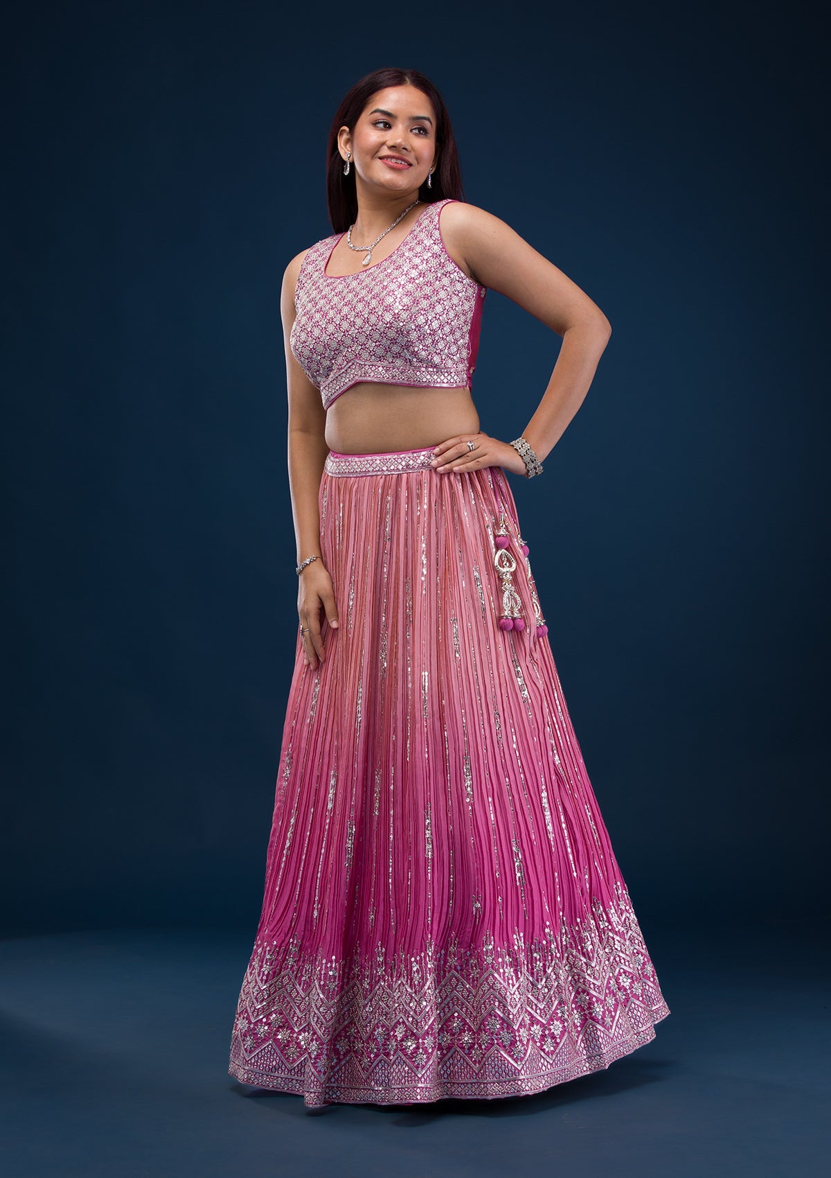 Onion Pink Zariwork Semi Crepe Readymade Lehenga-Koskii