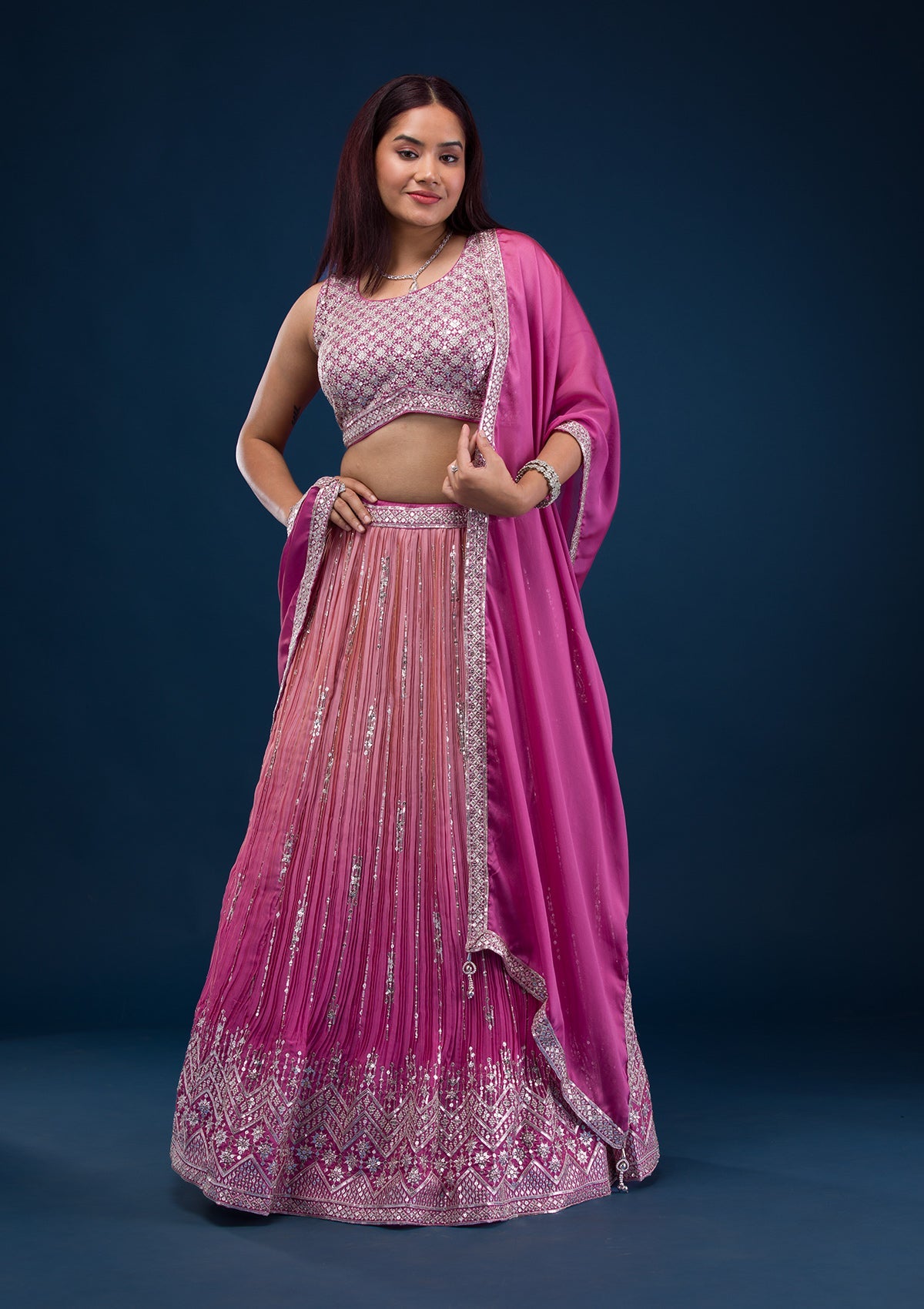 Onion Pink Zariwork Semi Crepe Readymade Lehenga-Koskii