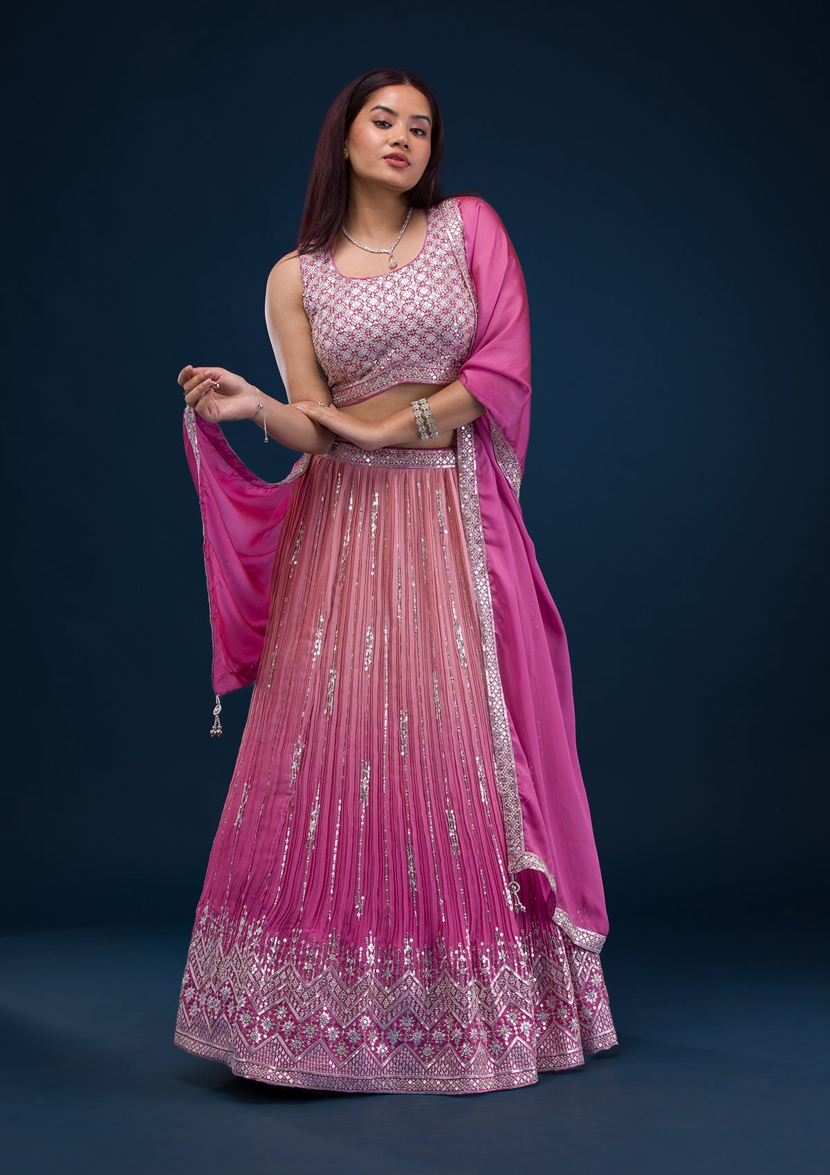 Onion Pink Zariwork Semi Crepe Readymade Lehenga-Koskii