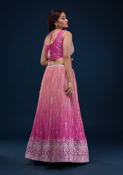 Onion Pink Zariwork Semi Crepe Readymade Lehenga-Koskii