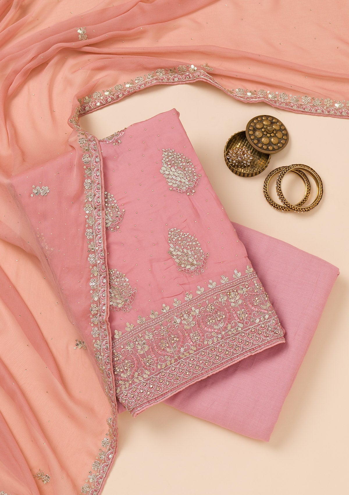 Onion Pink Zariwork Semi Crepe Unstitched Salwar Suit-Koskii