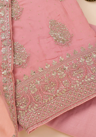 Onion Pink Zariwork Semi Crepe Unstitched Salwar Suit-Koskii