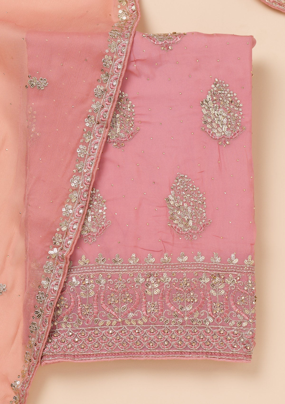 Onion Pink Zariwork Semi Crepe Unstitched Salwar Suit-Koskii