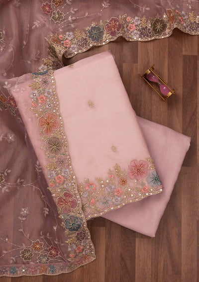 Onion Pink Zariwork Semi Crepe Unstitched Salwar Suit-Koskii