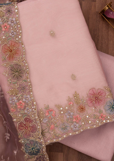 Onion Pink Zariwork Semi Crepe Unstitched Salwar Suit-Koskii