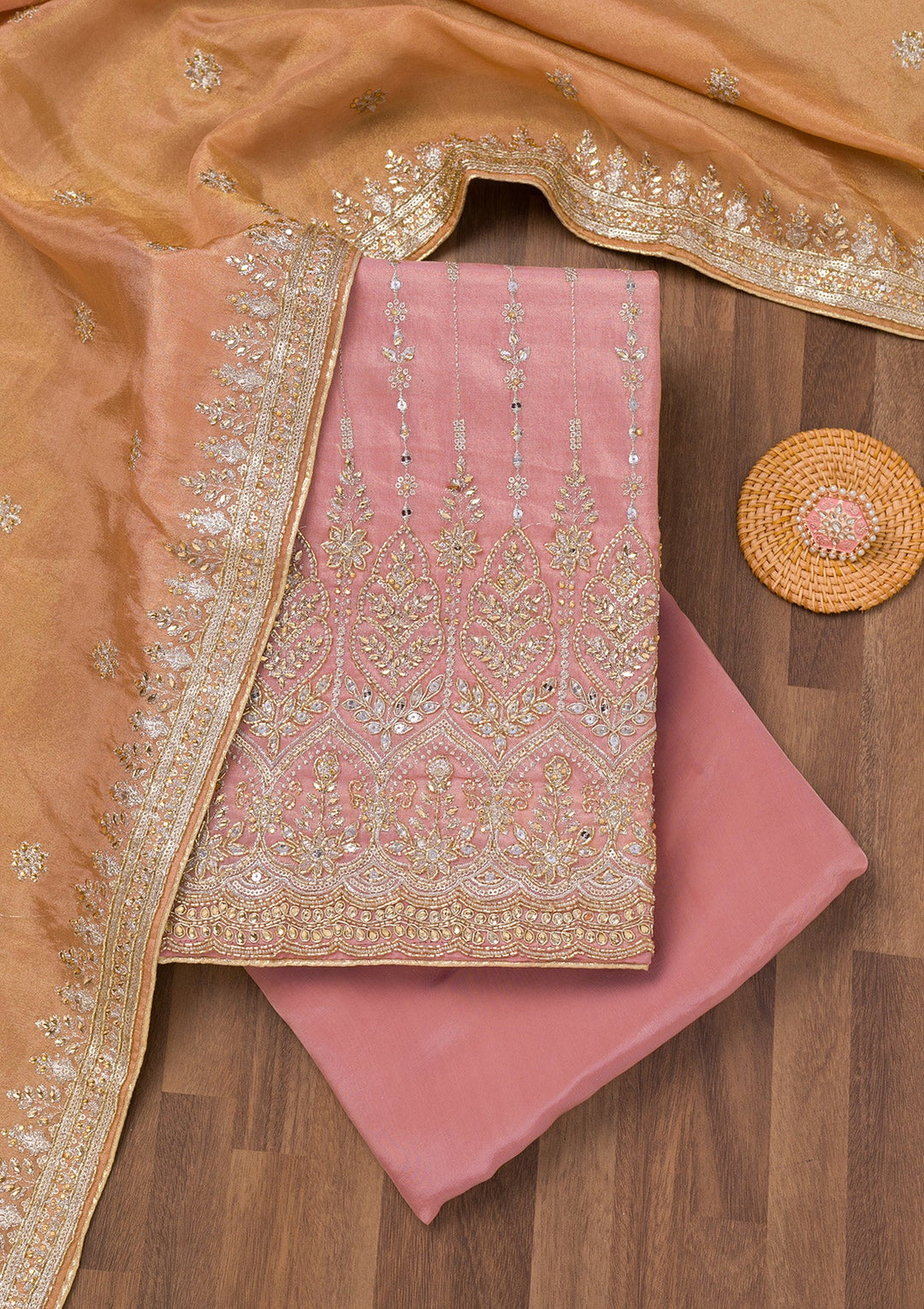 Onion Pink Zariwork Semi Crepe Unstitched Salwar Suit-Koskii