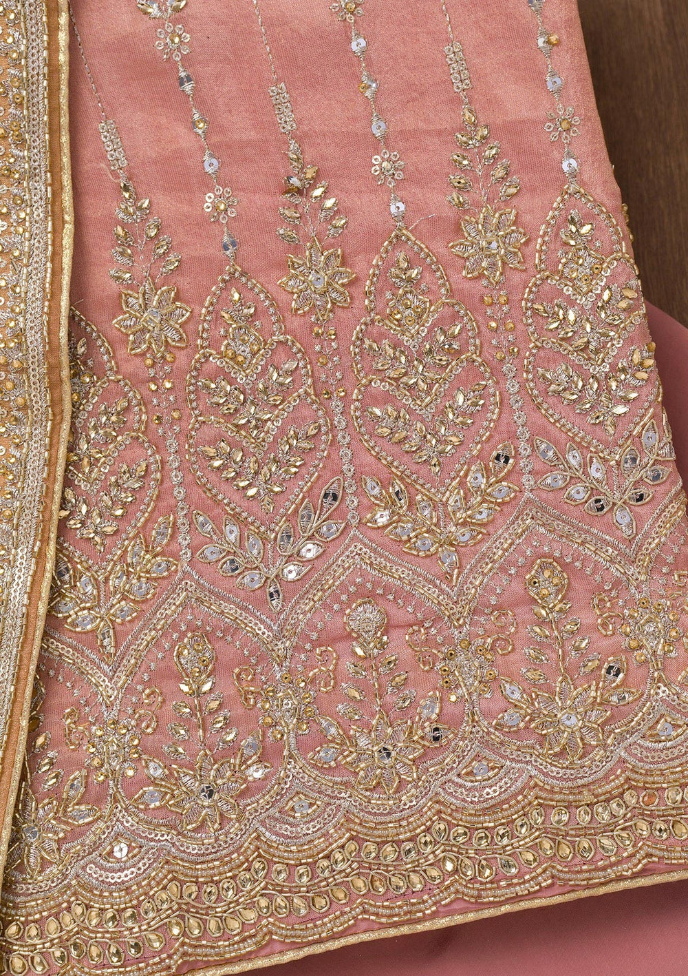 Onion Pink Zariwork Semi Crepe Unstitched Salwar Suit-Koskii