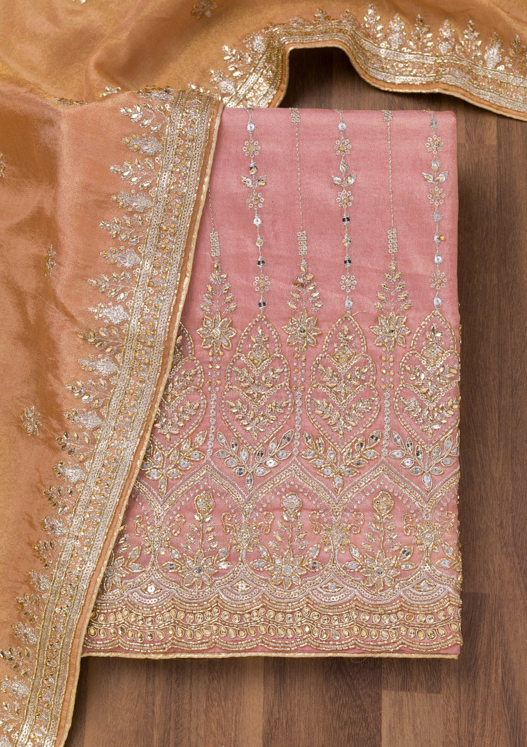 Onion Pink Zariwork Semi Crepe Unstitched Salwar Suit-Koskii