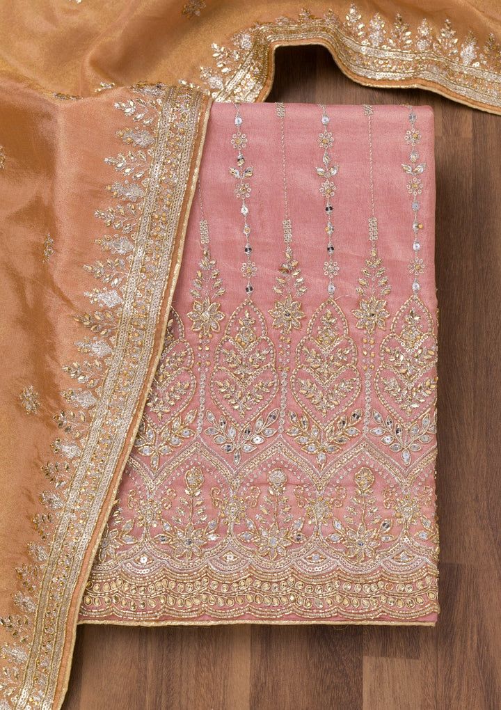 Onion Pink Zariwork Semi Crepe Unstitched Salwar Suit-Koskii