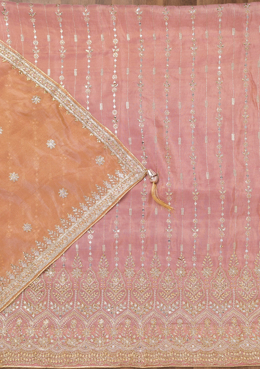 Onion Pink Zariwork Semi Crepe Unstitched Salwar Suit-Koskii