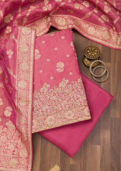 Onion Pink Zariwork Semi Crepe Unstitched Salwar Suit-Koskii