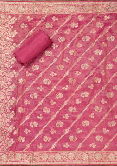 Onion Pink Zariwork Semi Crepe Unstitched Salwar Suit-Koskii