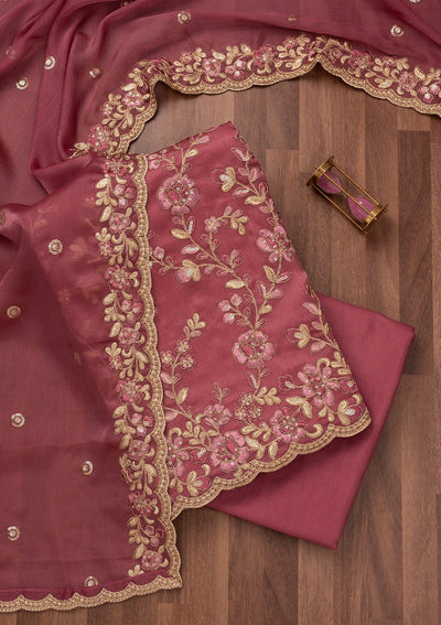 Onion Pink Zariwork Semi Crepe Unstitched Salwar Suit-Koskii