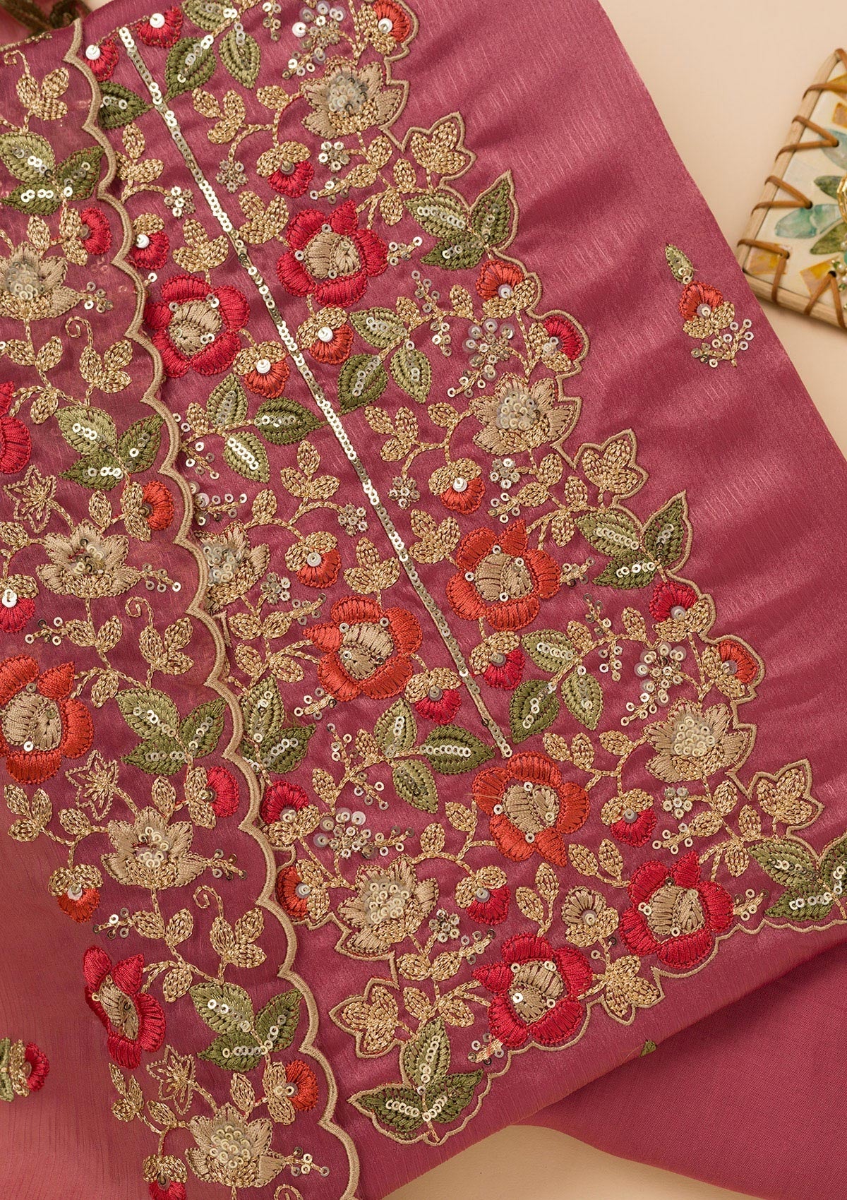 Onion Pink Zariwork Semi Crepe Unstitched Salwar Suit