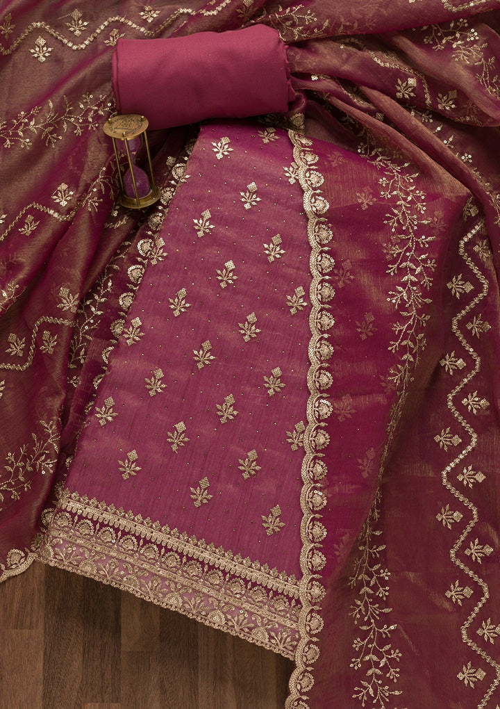 Onion Pink Zariwork Shimmer Georgette Unstitched Salwar Suit-Koskii