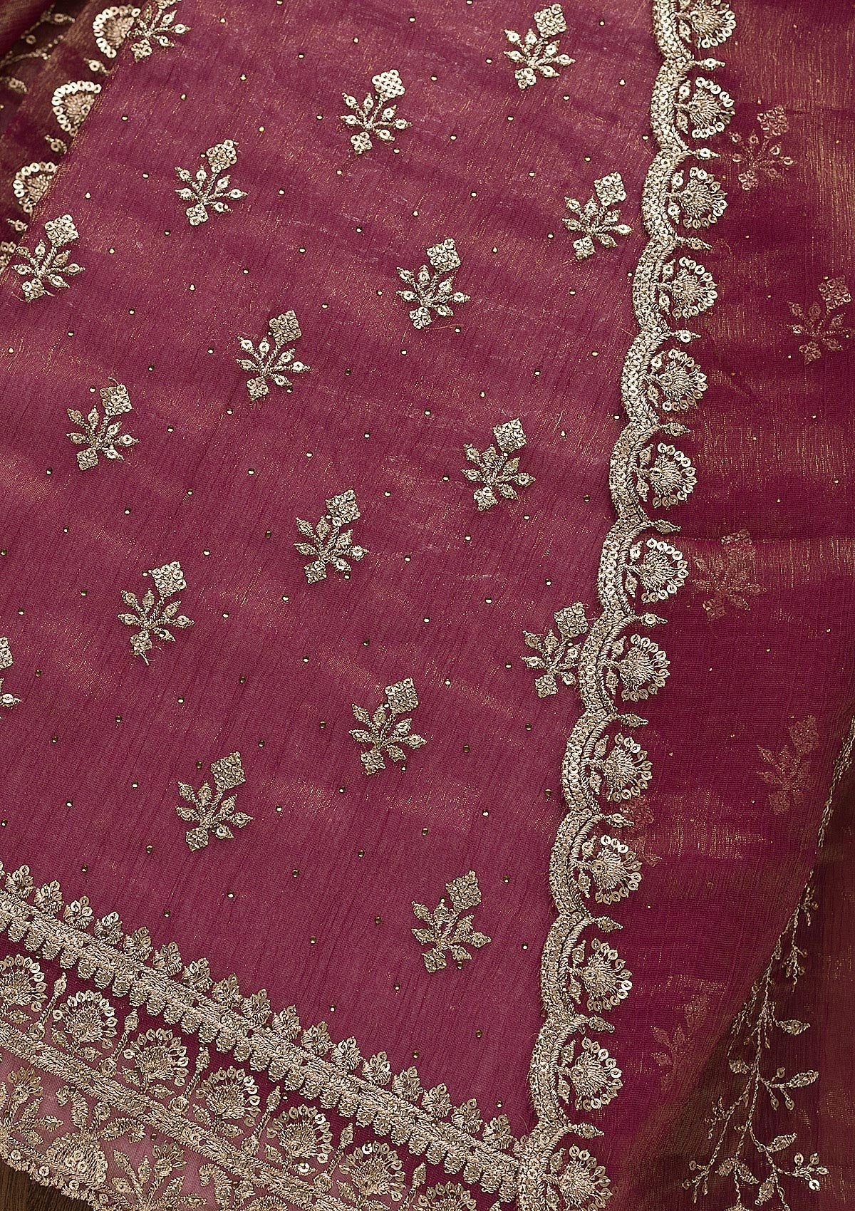 Onion Pink Zariwork Shimmer Georgette Unstitched Salwar Suit-Koskii
