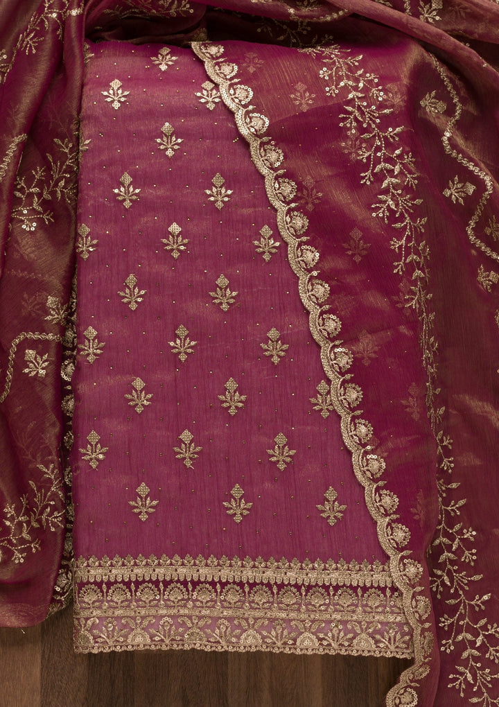 Onion Pink Zariwork Shimmer Georgette Unstitched Salwar Suit-Koskii