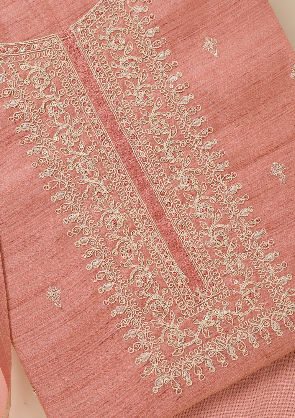 Peach Zariwork Soft Silk Unstitched Salwar Suit-Koskii